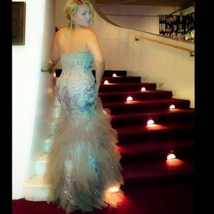 JOVANI PROM 6534 Strapless beaded glitter champagne & toffee gown size 8